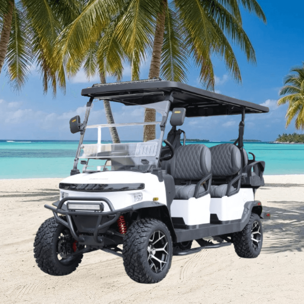 Gold and charcoal Hodo's Signature Collection golf cart, a 6 passenger cart with Apple CarPlay, Android Auto and a backup camera