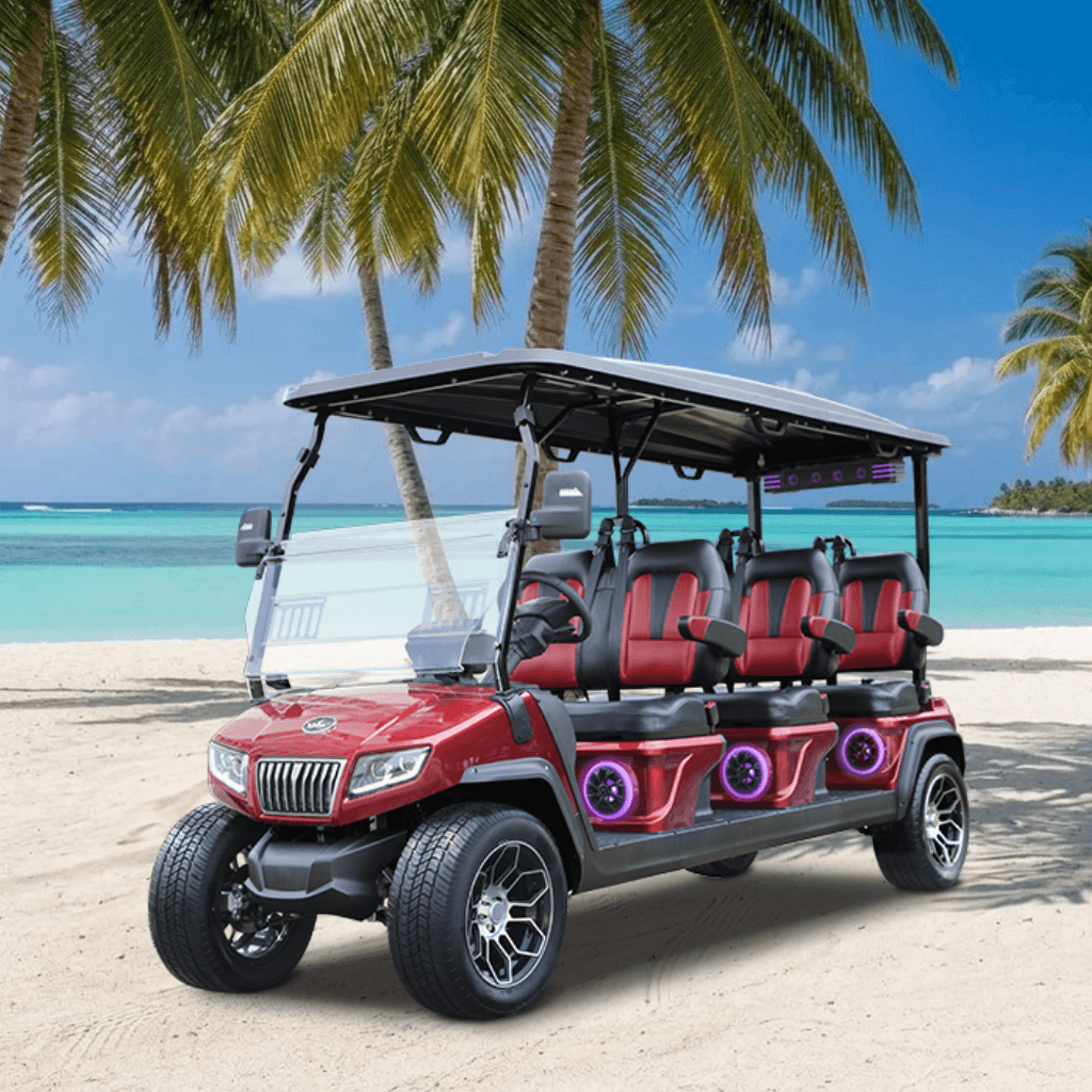 Blue and red Hodo's VIP Collection golf cart, a 6 passenger lifted LSV with forward-facing premium seating and full LED lighting