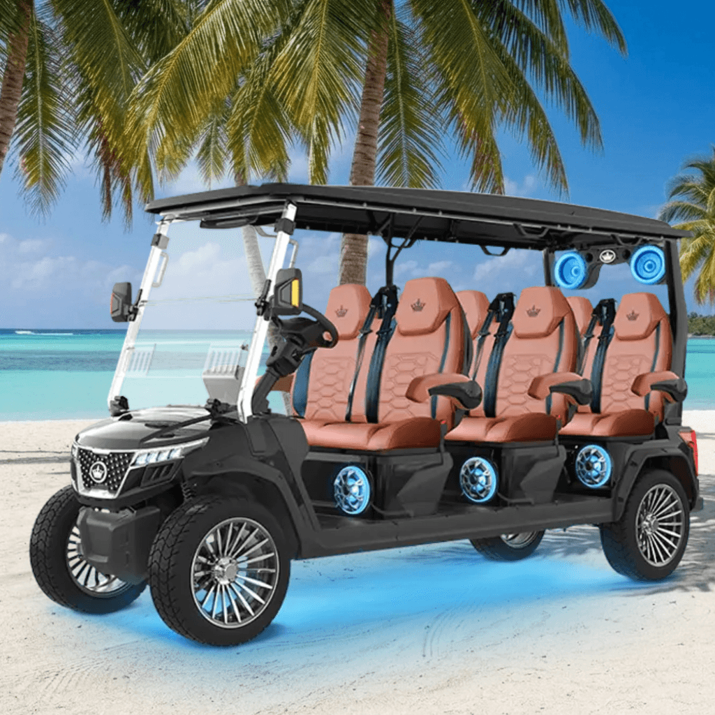 Black Hodo's Premium Collection golf cart with white diamond-stitched seating, a 6 passenger LSV with a rear cooler and backup camera