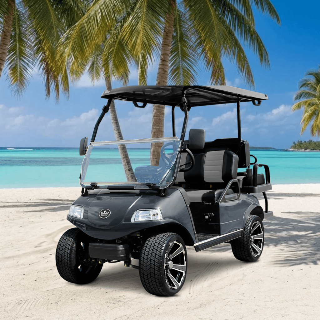 Red and gray Hodo's Classic Collection golf cart, a 4 and 6 passenger street-legal electric cart with lithium battery and LED lighting
