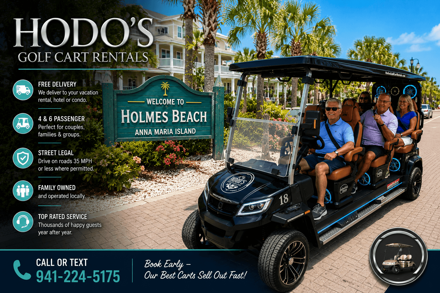 Hodo's golf cart rental at Holmes Beach welcome sign on Anna Maria Island