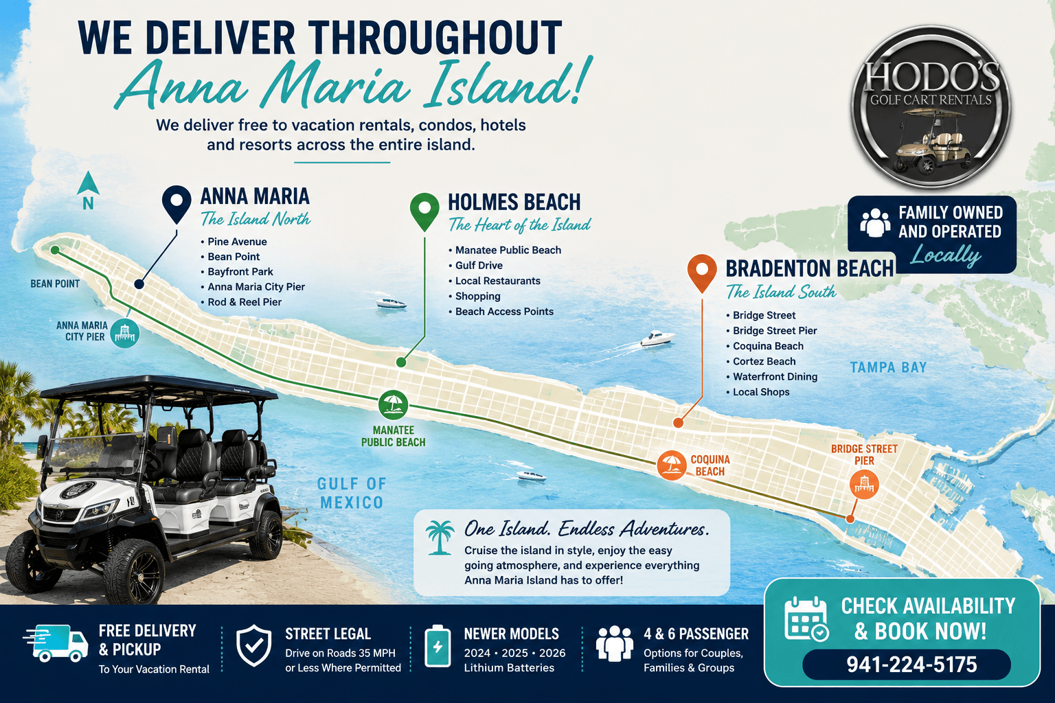 Map of Anna Maria Island showing golf cart rental delivery areas including Anna Maria, Holmes Beach, and Bradenton Beach