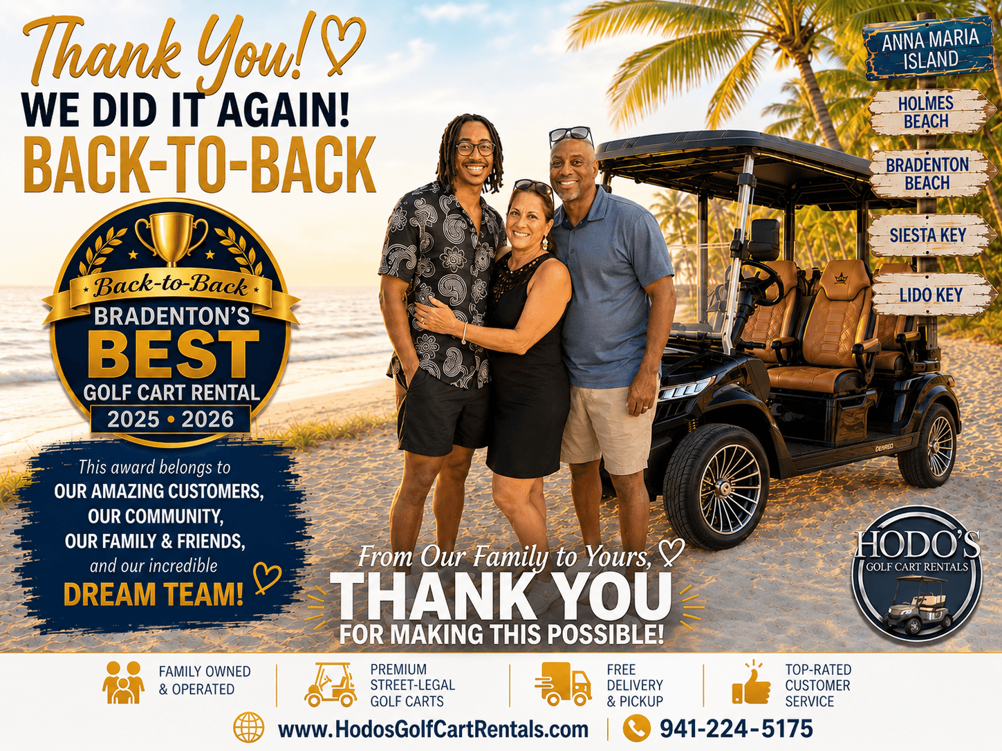 Hodo's Golf Cart Rentals, Back-to-Back Bradenton's Best Golf Cart Rental Winner 2025 2026